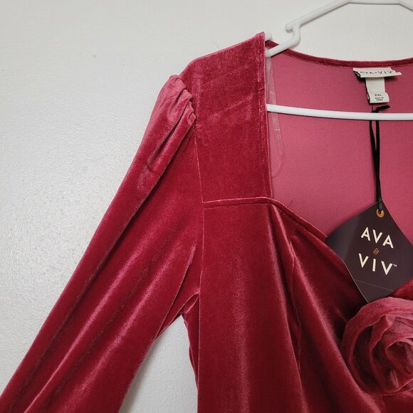 Ava & Viv Womens XXL Red Velvet Long Sleeve Dress With Rose Accent - Picture 8 of 9